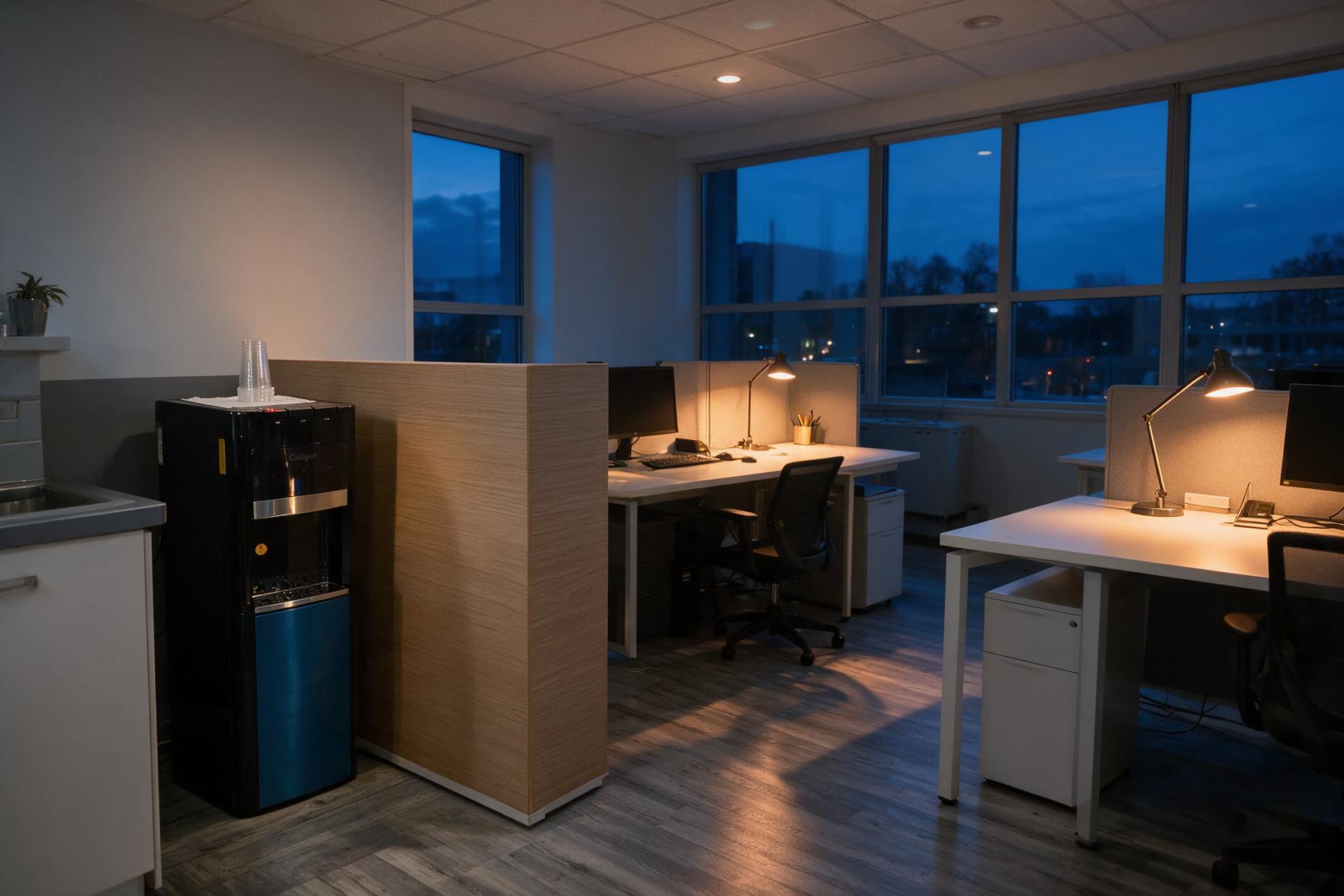 Espai de treball del coworking CoActiva't amb els llums encesos al capvespre